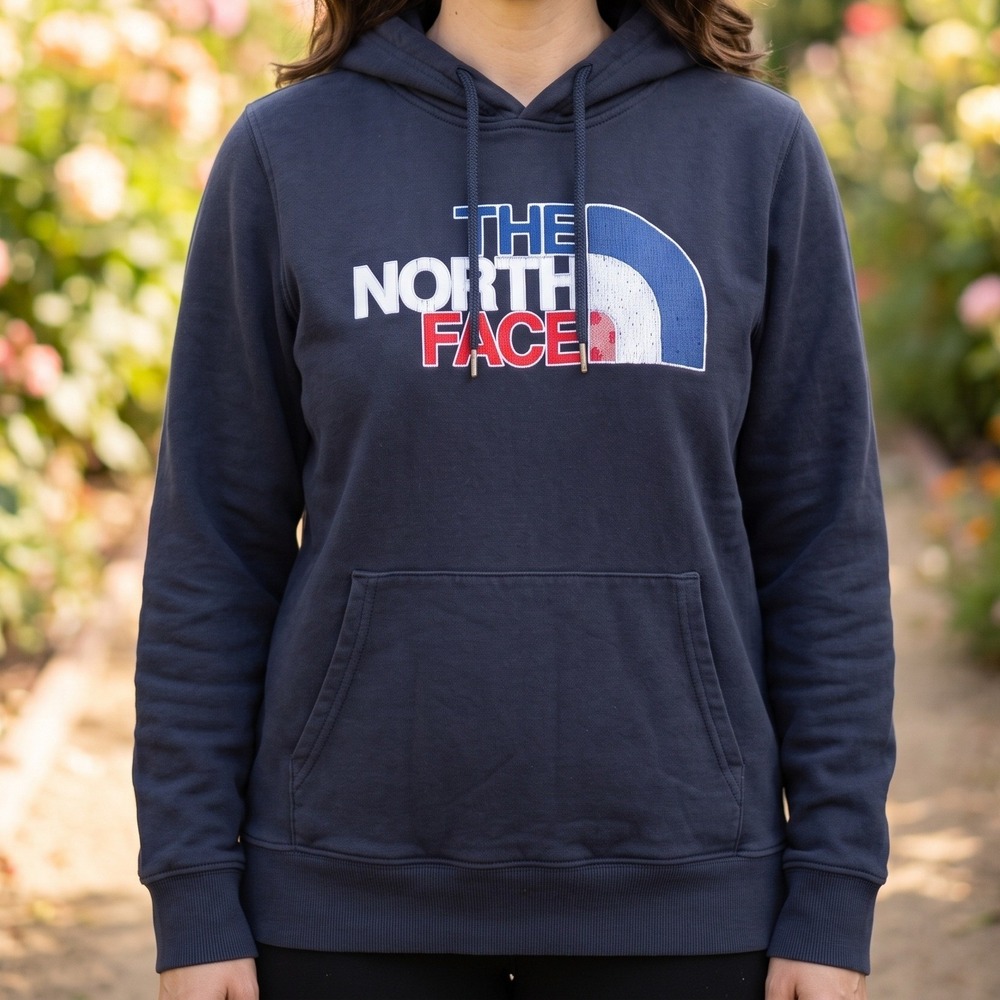 The North Face Womens Navy Blue Graphic Logo Pullover Hoodie Sweatshirt L